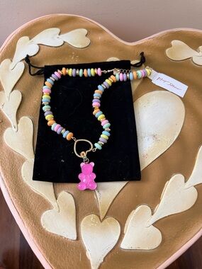 Betsey Johnson Pastel Beaded Necklace with Bright Pink Gummy Charm